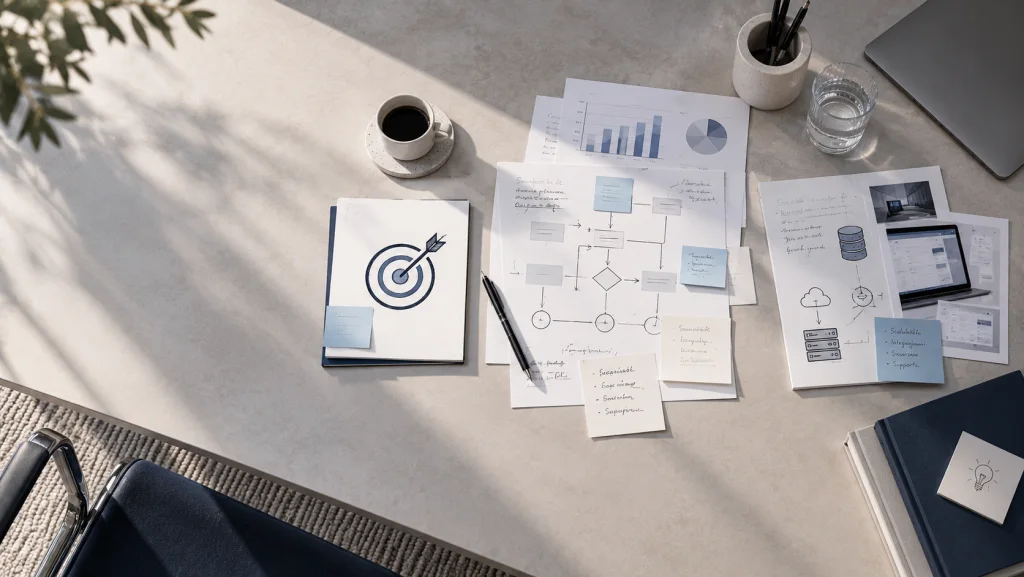 Mappa di un processo aziendale con obiettivi, flussi e strumenti disposti su un tavolo di lavoro